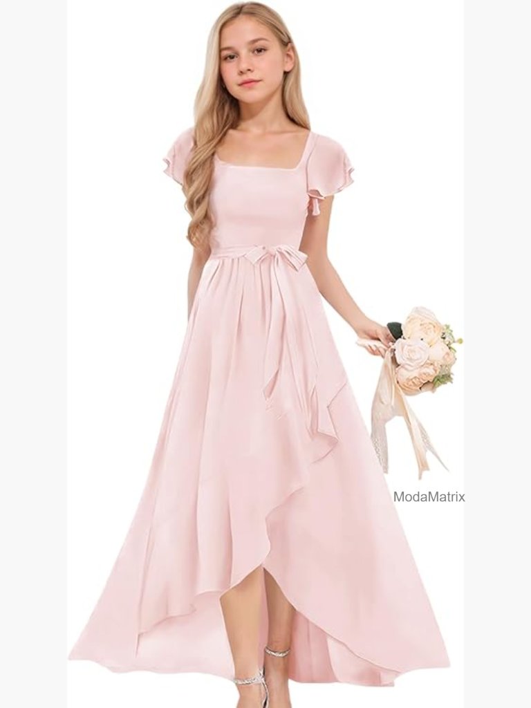 Junior Bridesmaid Chiffon A-Line High-Low Dress With Square Neck & Cap Sleeves,